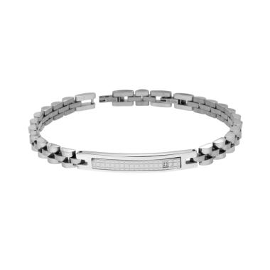 Bracciale Uomo Catena Imperniata con Targa decoro Geometrico e Cubic Zirconia Bianco in ACCIAIO