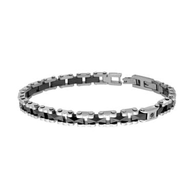 Bracciale Uomo Maglia Imperniata Dentellata con Ceramica Nera Bugnata e Cubic Zirconia Nero in ACCIAIO