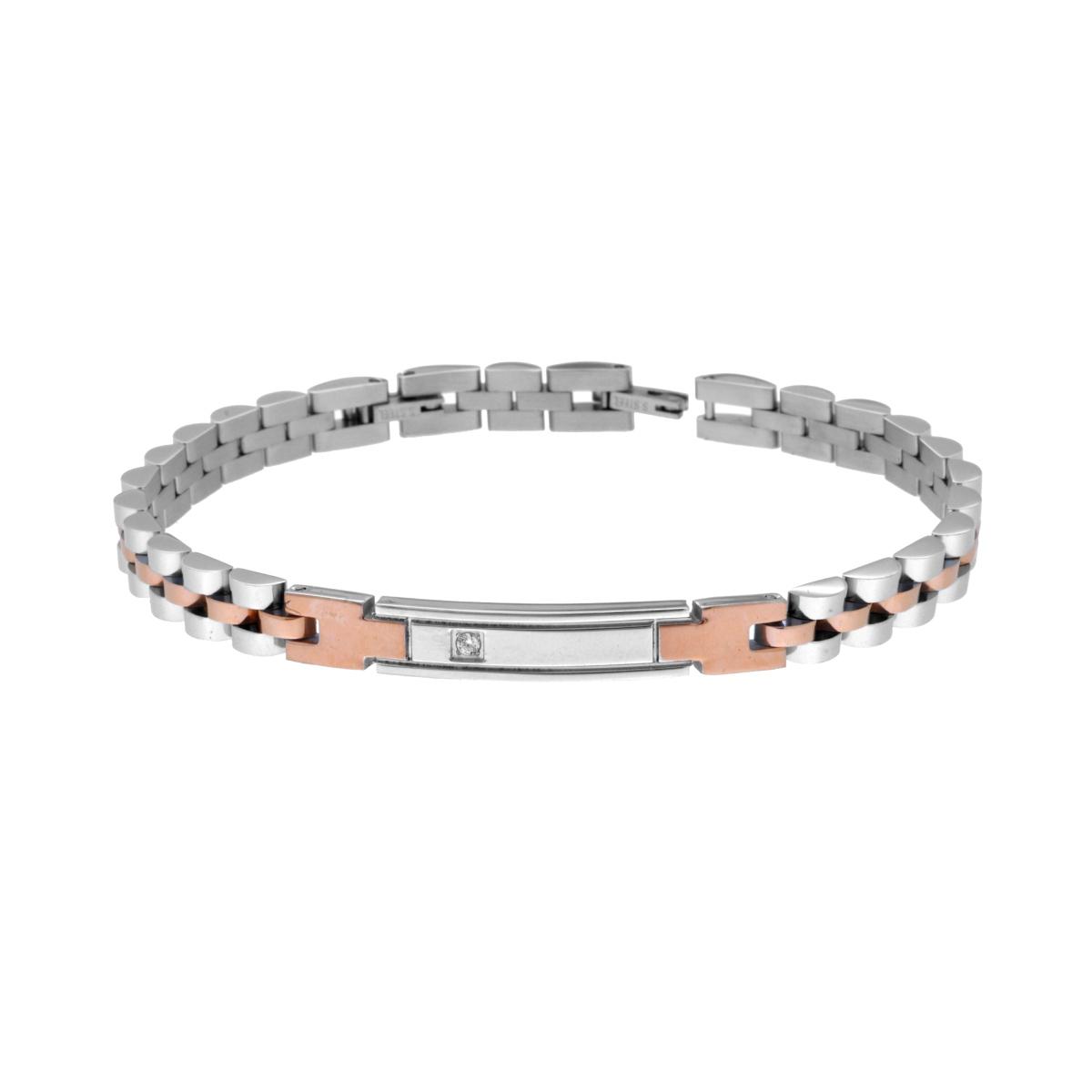Bracciale Uomo Maglia Imperniata con dettagli Rosa Targa e Crystal Bianco in ACCIAIO