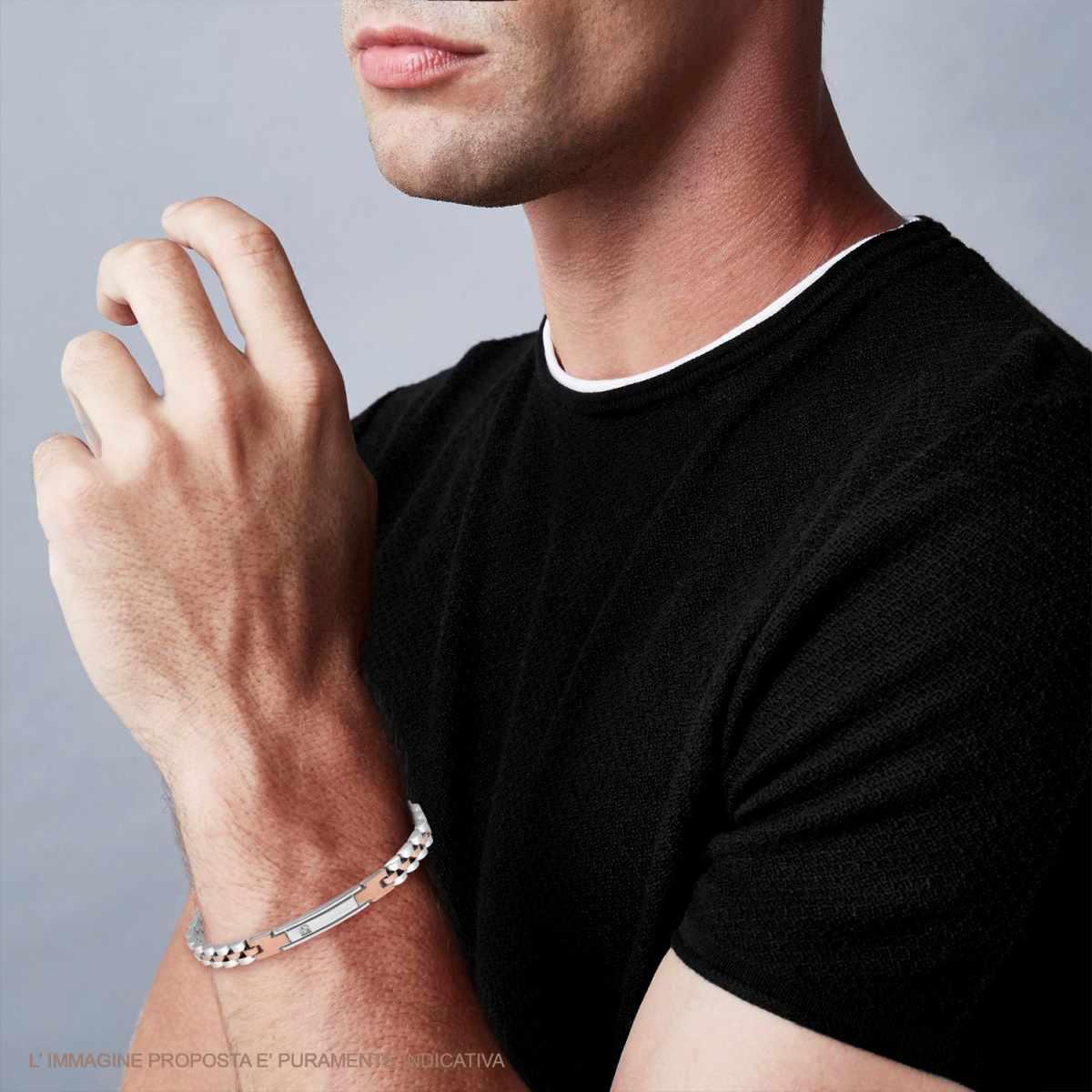 Bracciale Uomo Maglia Imperniata con dettagli Rosa Targa e Crystal Bianco in ACCIAIO