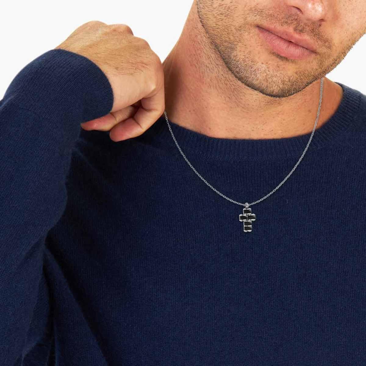 Collana Catena Forzatina Diamantata con Croce pendente con dettagli in Ceramica Nera Bugnata in ACCIAIO