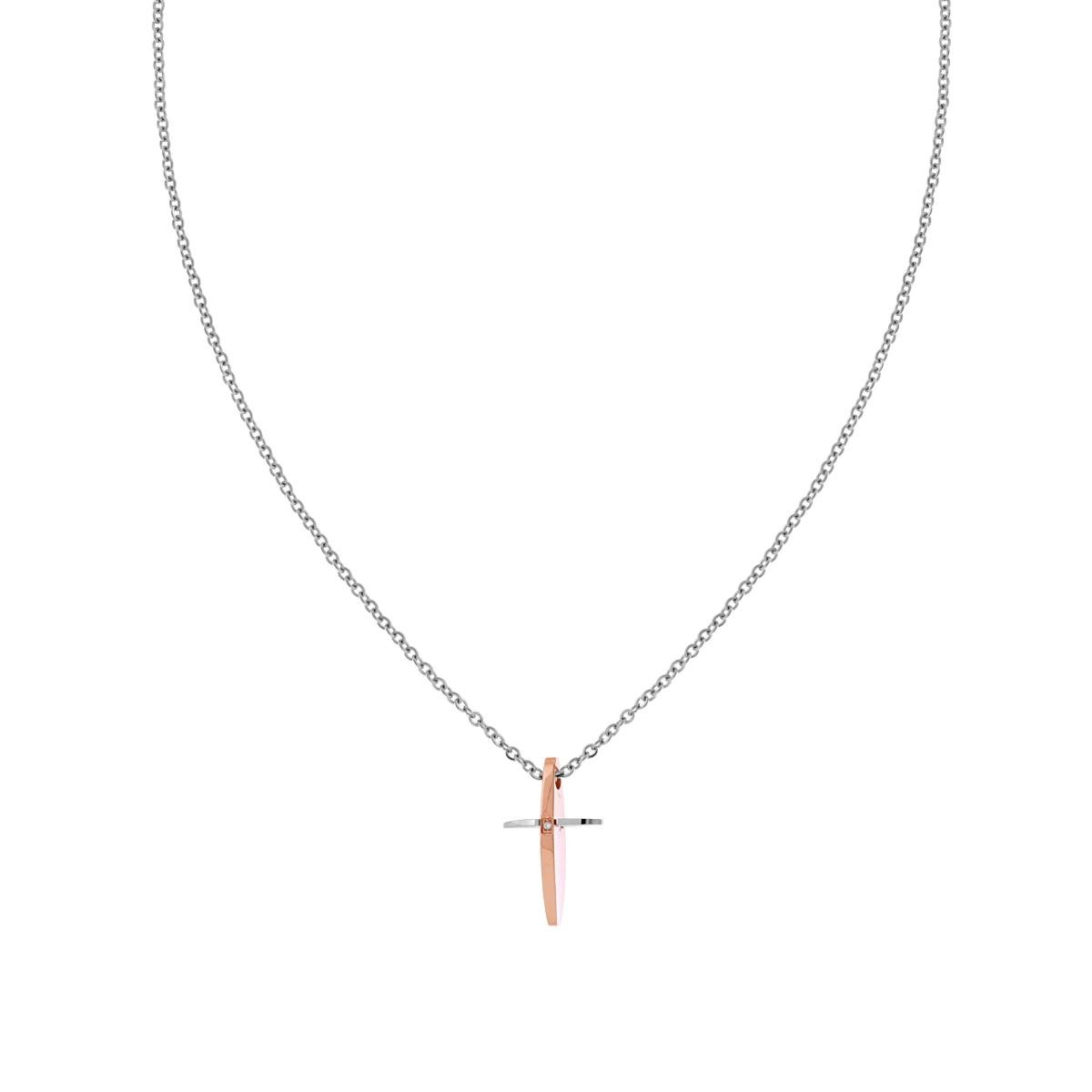 Collana Catena Forzatina Diamantata con Croce pendente con dettaglio colore Rosa con Crystal Bianco in ACCIAIO