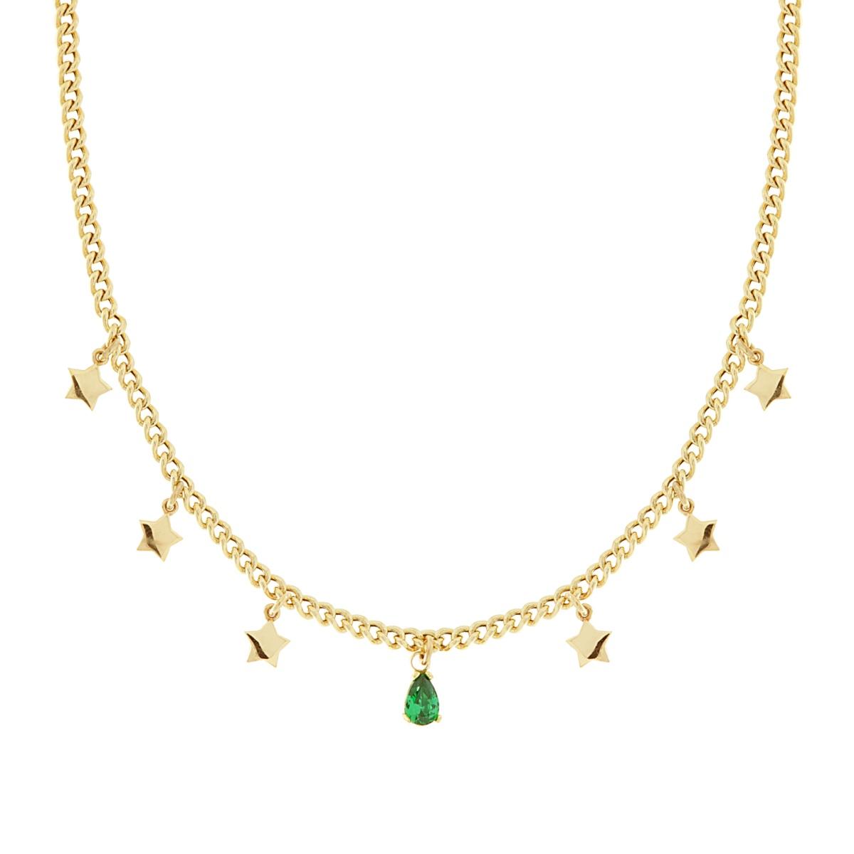 Collana Catena Grumetta con Stelle e Goccia Cubic Zirconia Verde Smeraldo pendenti in ARGENTO 925 Galvanica Oro