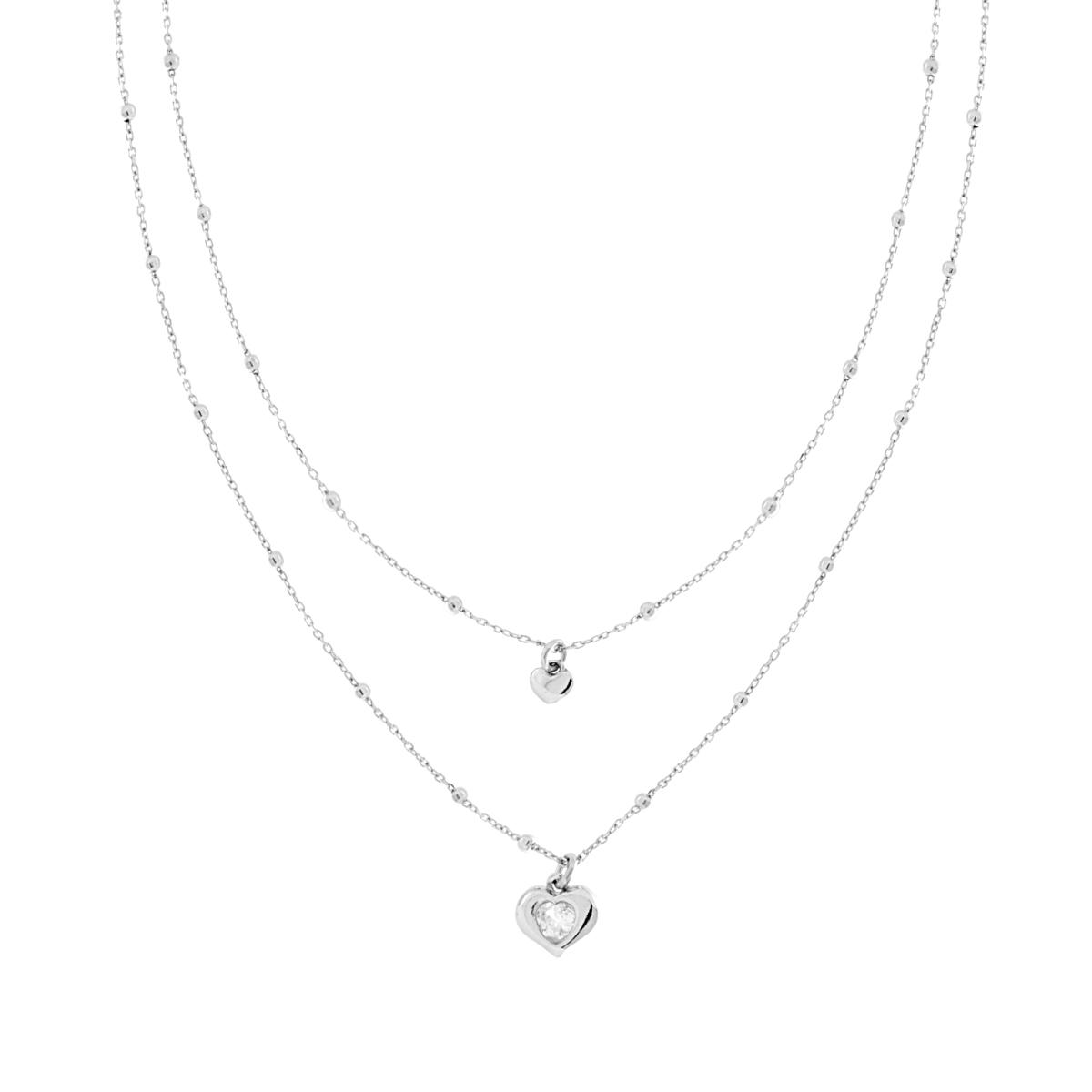 Collana due fili Catena Forzatina Diamantata con Palline lisce e Cuori pendenti con Cubic Zirconia Bianco in ARGENTO 925 Galvanica Rodio