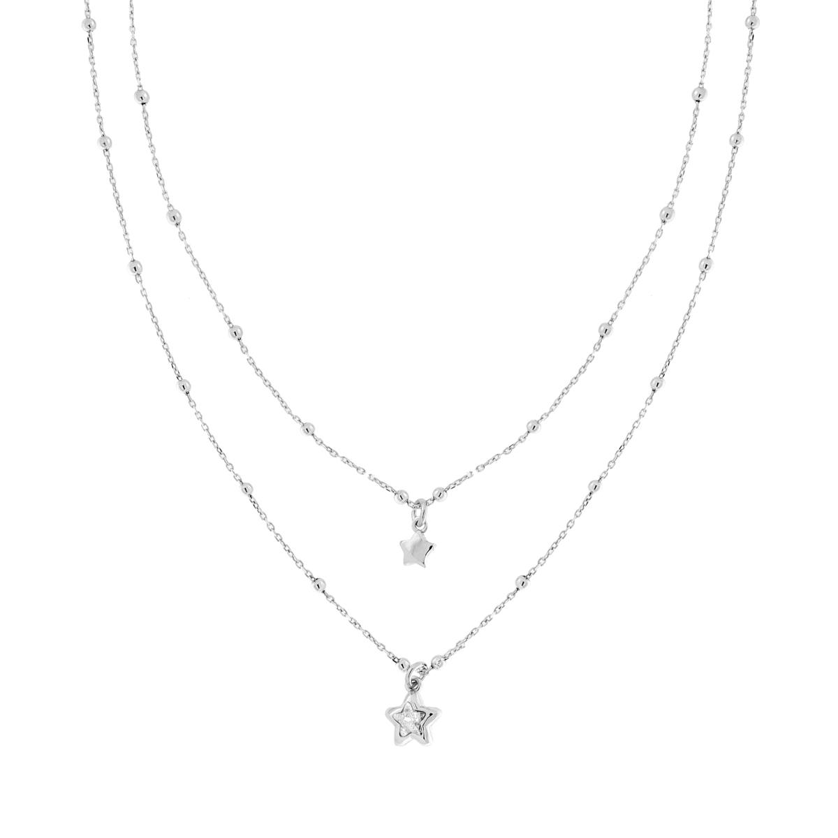 Collana due fili Catena Forzatina Diamantata con Palline lisce e Stelle pendenti con Cubic Zirconia Bianco in ARGENTO 925 Galvanica Rodio