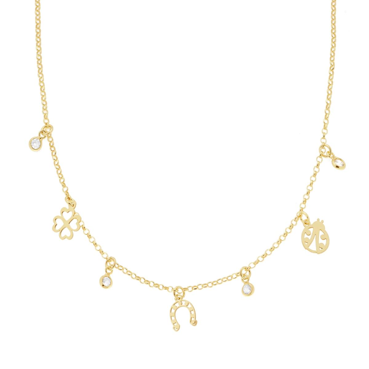 Collana Catena Rolo Diamantata con Coccinella Ferro di Cavallo Quadrifoglio portafortuna e Cubic Zirconia Bianchi pendenti in ARGENTO 925 Galvanica Oro