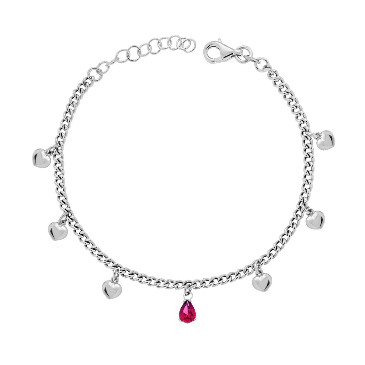 Bracciale Catena Grumetta con Cuori e Goccia Cubic Zirconia Rosso Rubino pendenti in ARGENTO 925 Galvanica Rodio