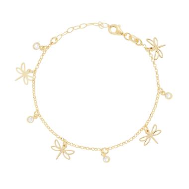 Bracciale Catena Rolo Diamantata con Libellule e Cubic Zirconia Bianchi pendenti in ARGENTO 925 Galvanica Oro