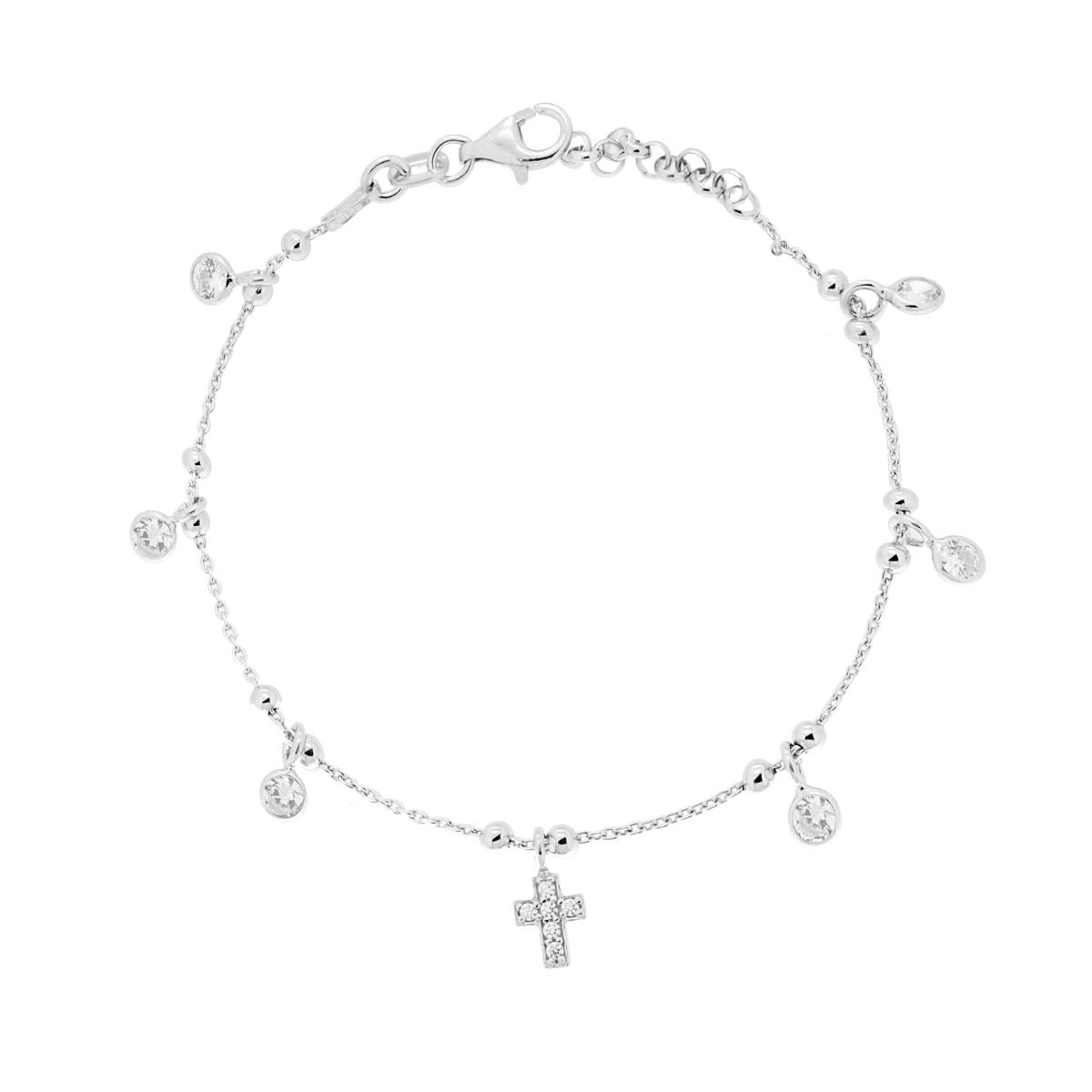 Bracciale Catena Forzatina Diamantata con Cubic Zirconia Bianchi e Croce pendenti in ARGENTO 925 Galvanica Rodio