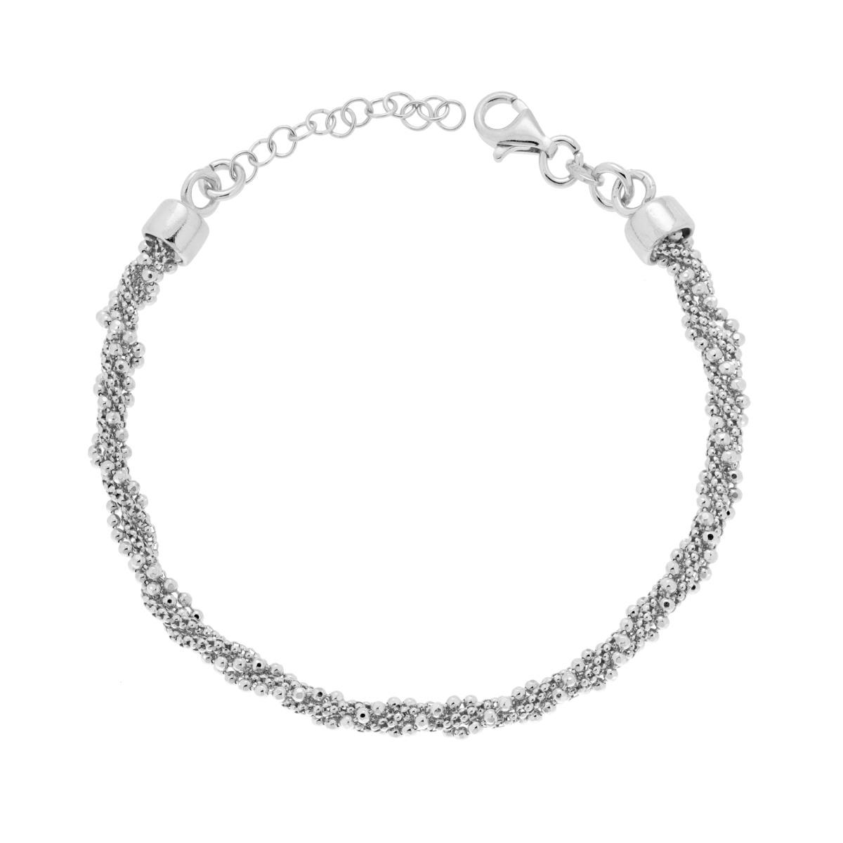 Bracciale Treccia multifilo Catena Palline e Coreana Diamantata in ARGENTO 925 Galvanica Rodio