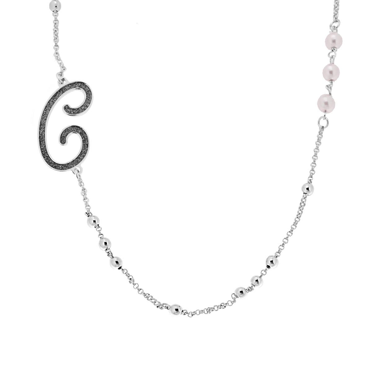 Collana Catena Rolo con Palline e Perle Bianche con Lettera Iniziale Nome Glitter Grigio ACCIAIO e BRONZO