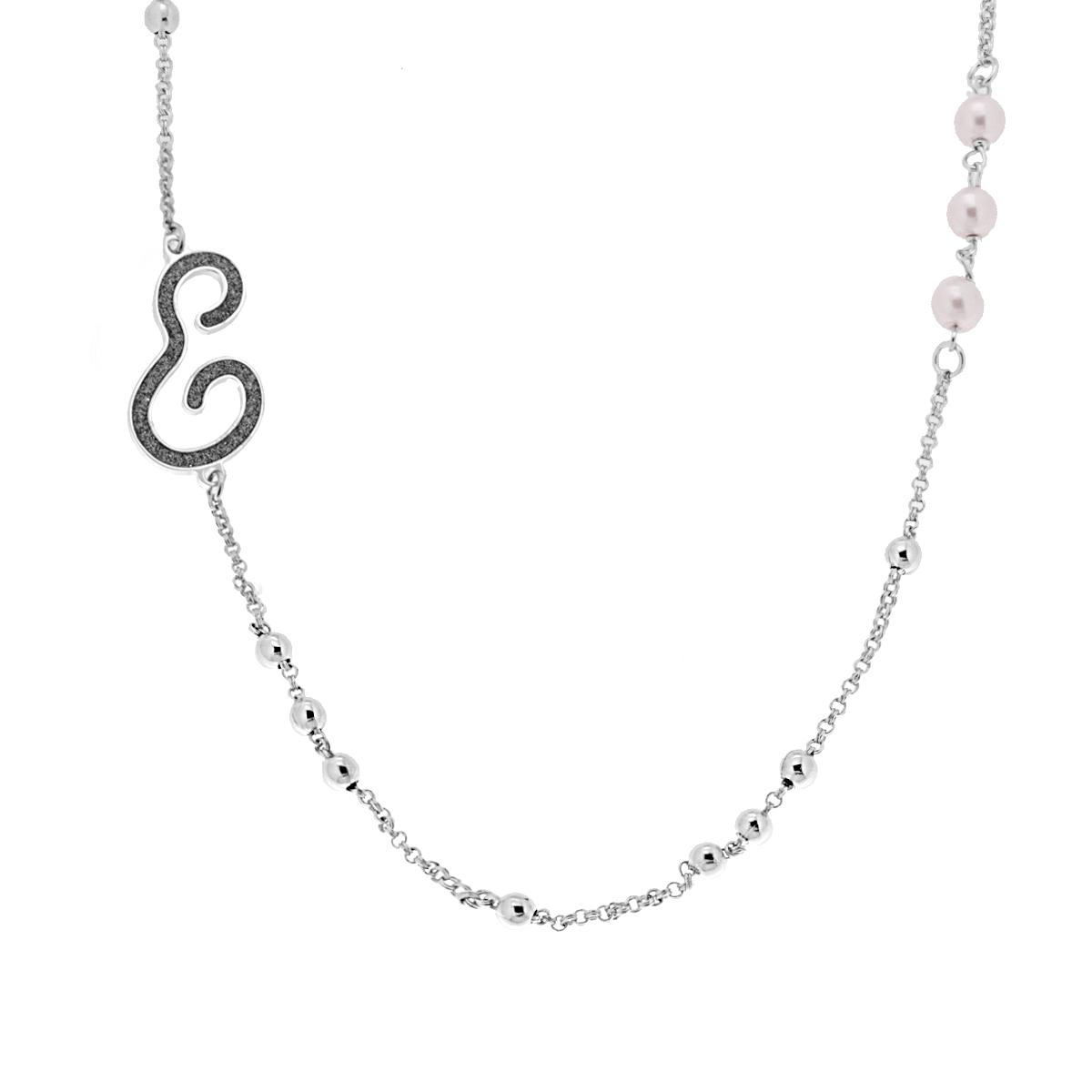 Collana Catena Rolo con Palline e Perle Bianche con Lettera Iniziale Nome Glitter Grigio ACCIAIO e BRONZO