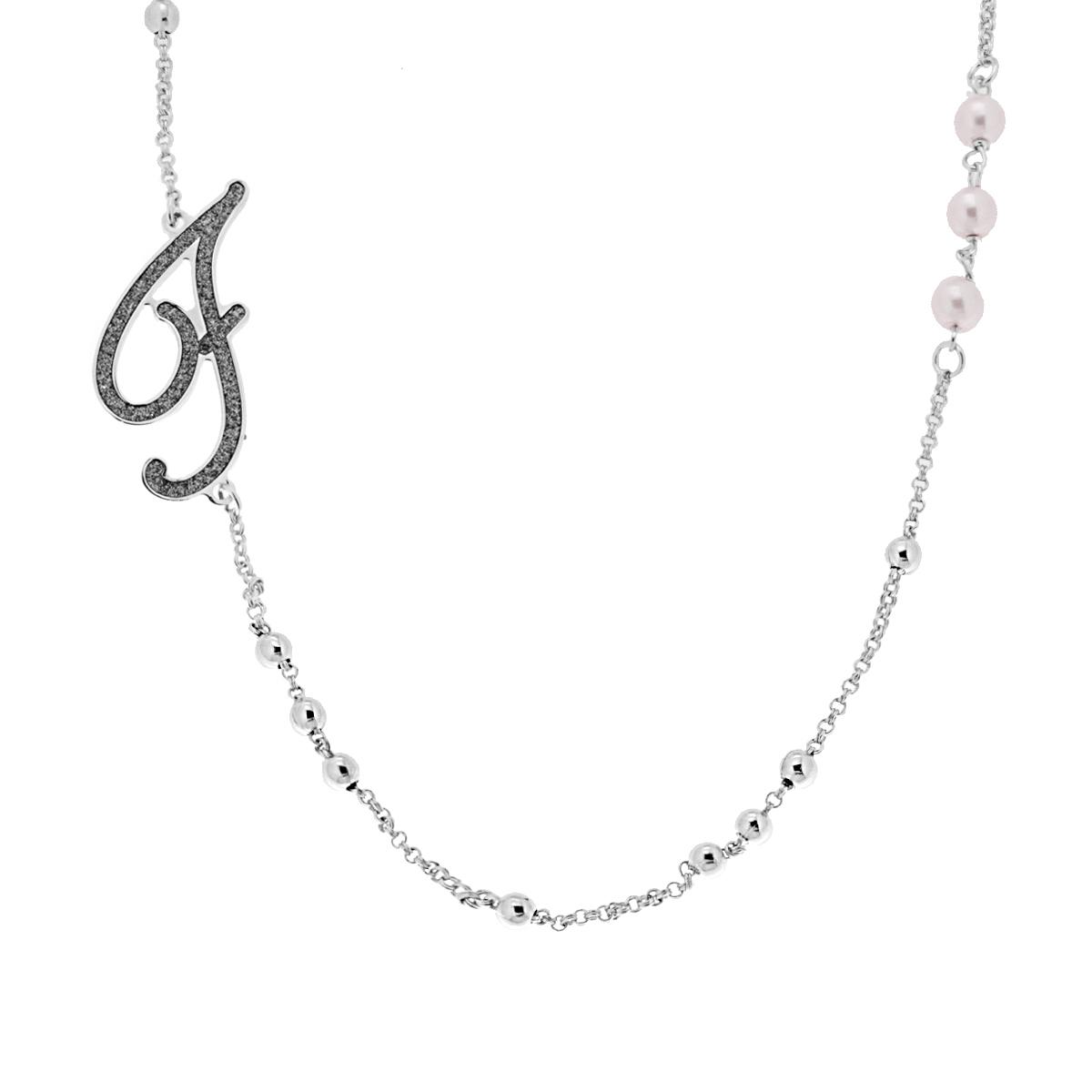 Collana Catena Rolo con Palline e Perle Bianche con Lettera Iniziale Nome Glitter Grigio ACCIAIO e BRONZO