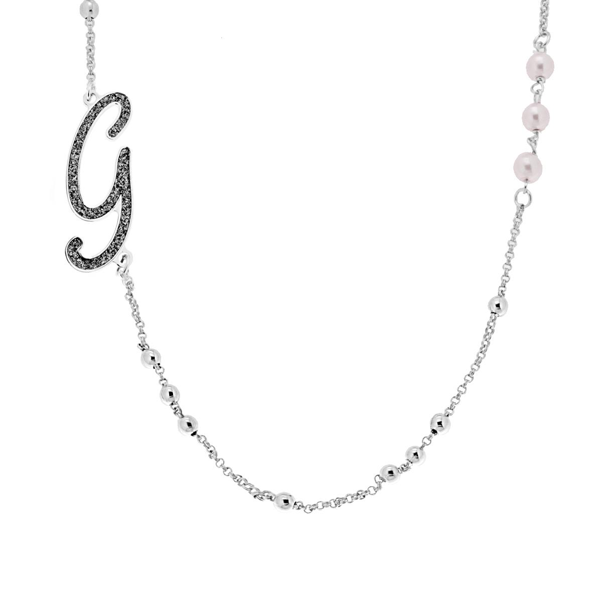 Collana Catena Rolo con Palline e Perle Bianche con Lettera Iniziale Nome Glitter Grigio ACCIAIO e BRONZO