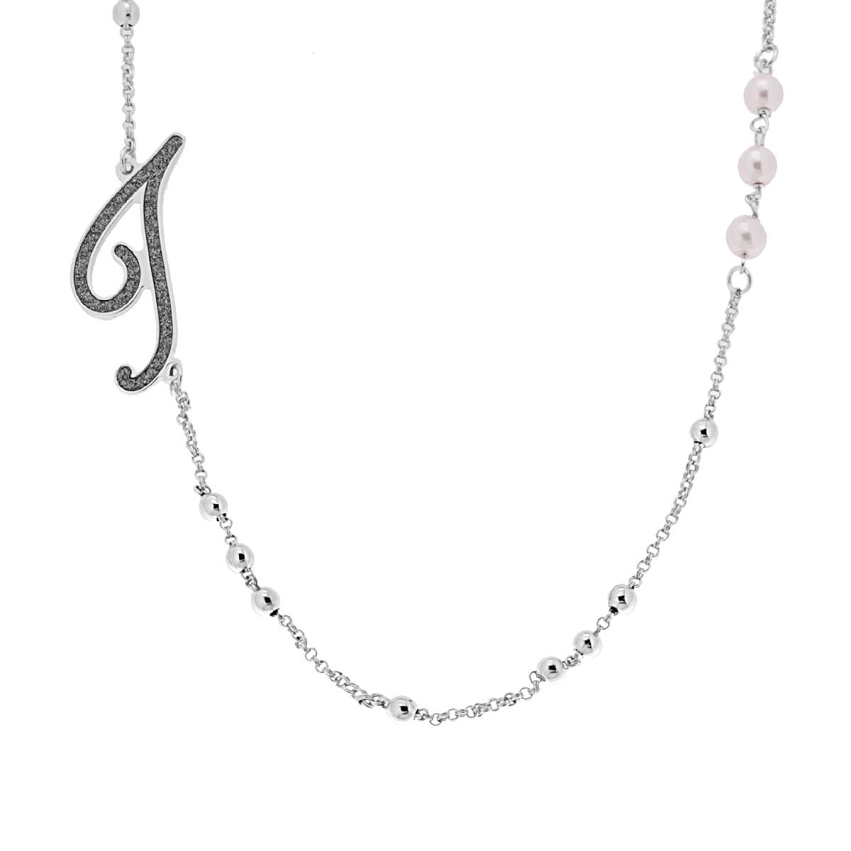 Collana Catena Rolo con Palline e Perle Bianche con Lettera Iniziale Nome Glitter Grigio ACCIAIO e BRONZO