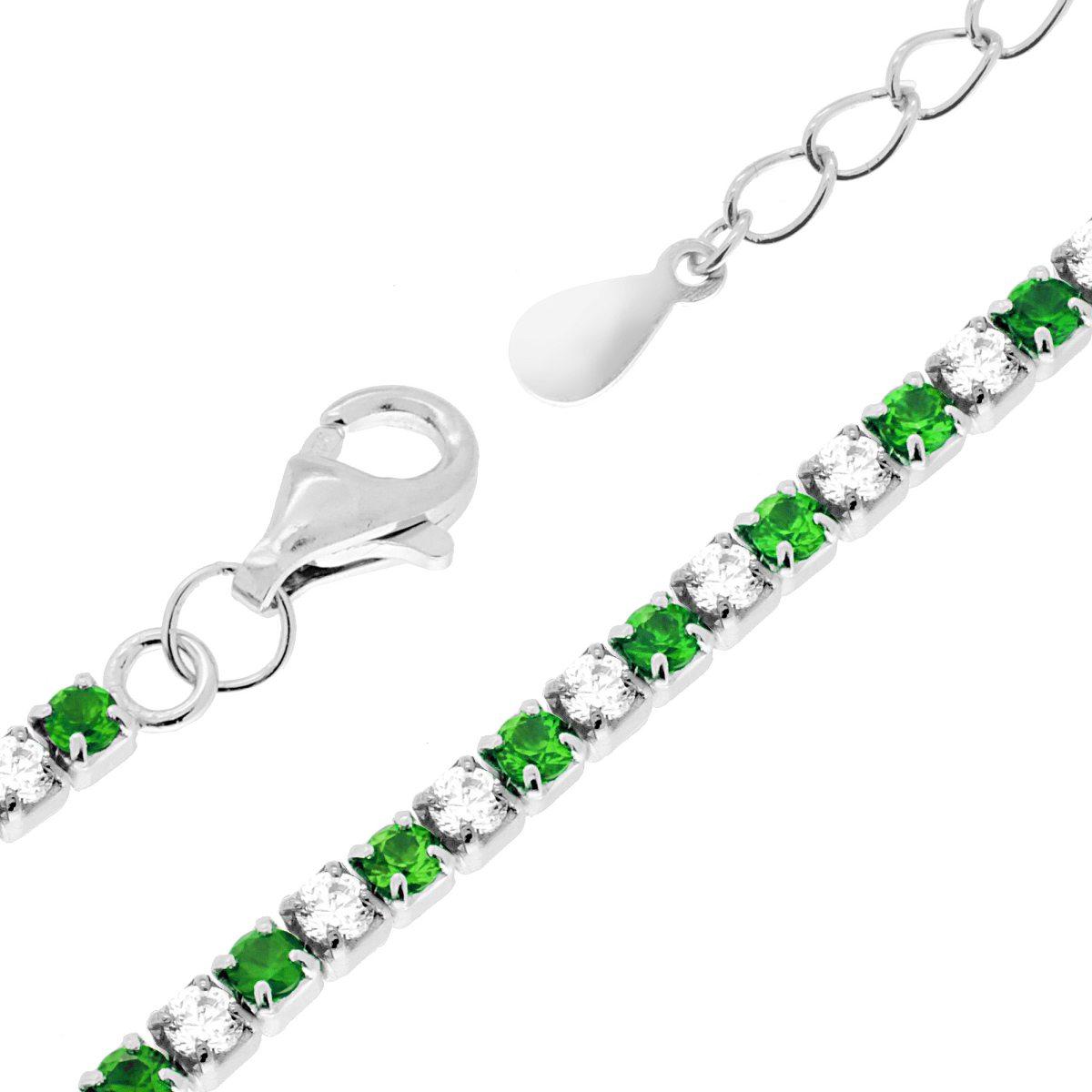 Bracciale Tennis Griffe cm 17+3 con Zirconi mm 2 Bianchi e Verde Smeraldo alternati in ARGENTO 925 Galvanica Rodio