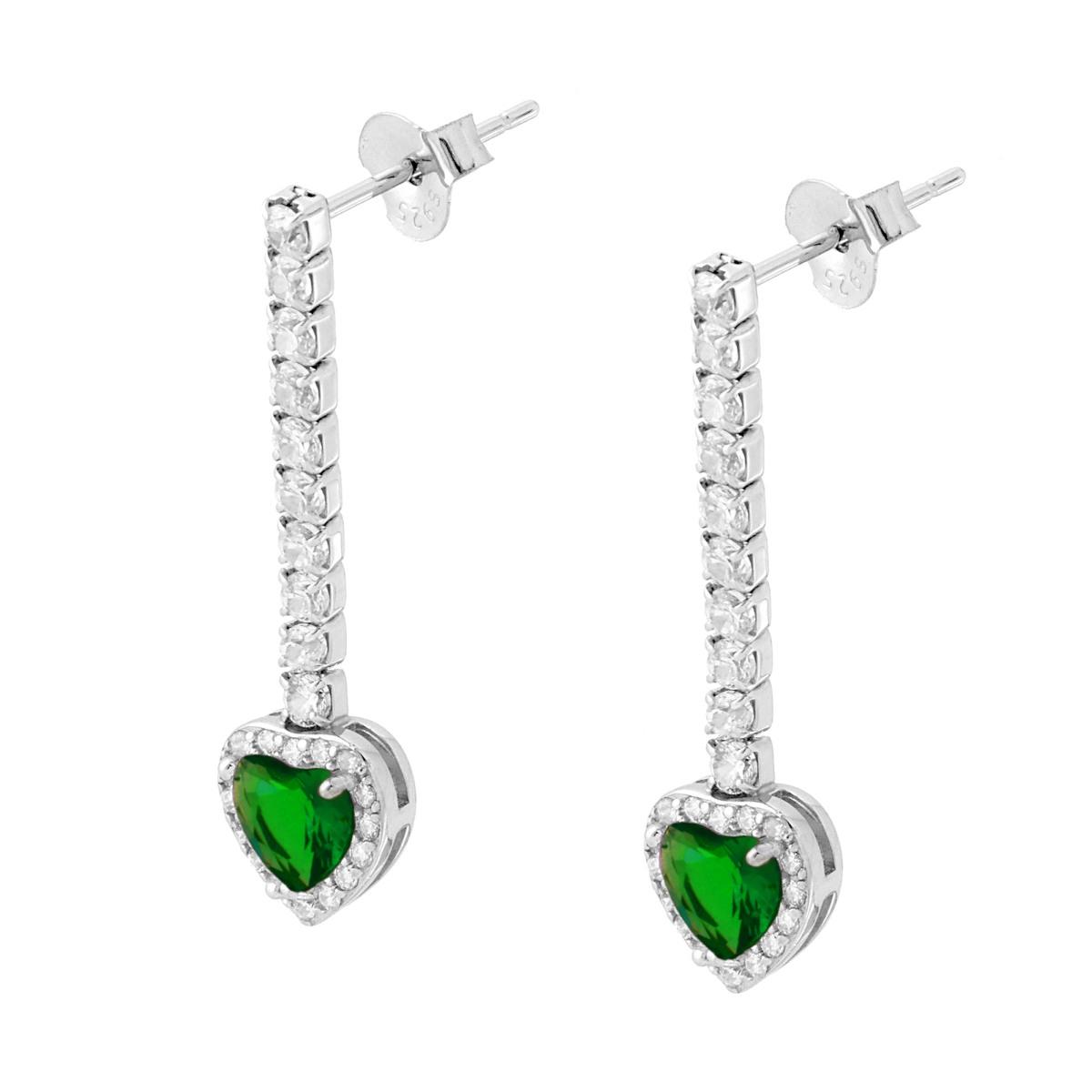 Orecchini Tennis con Cuore pendente Verde Smeraldo contornato da Cubic Zirconia Bianchi in ARGENTO 925 Galvanica Rodio