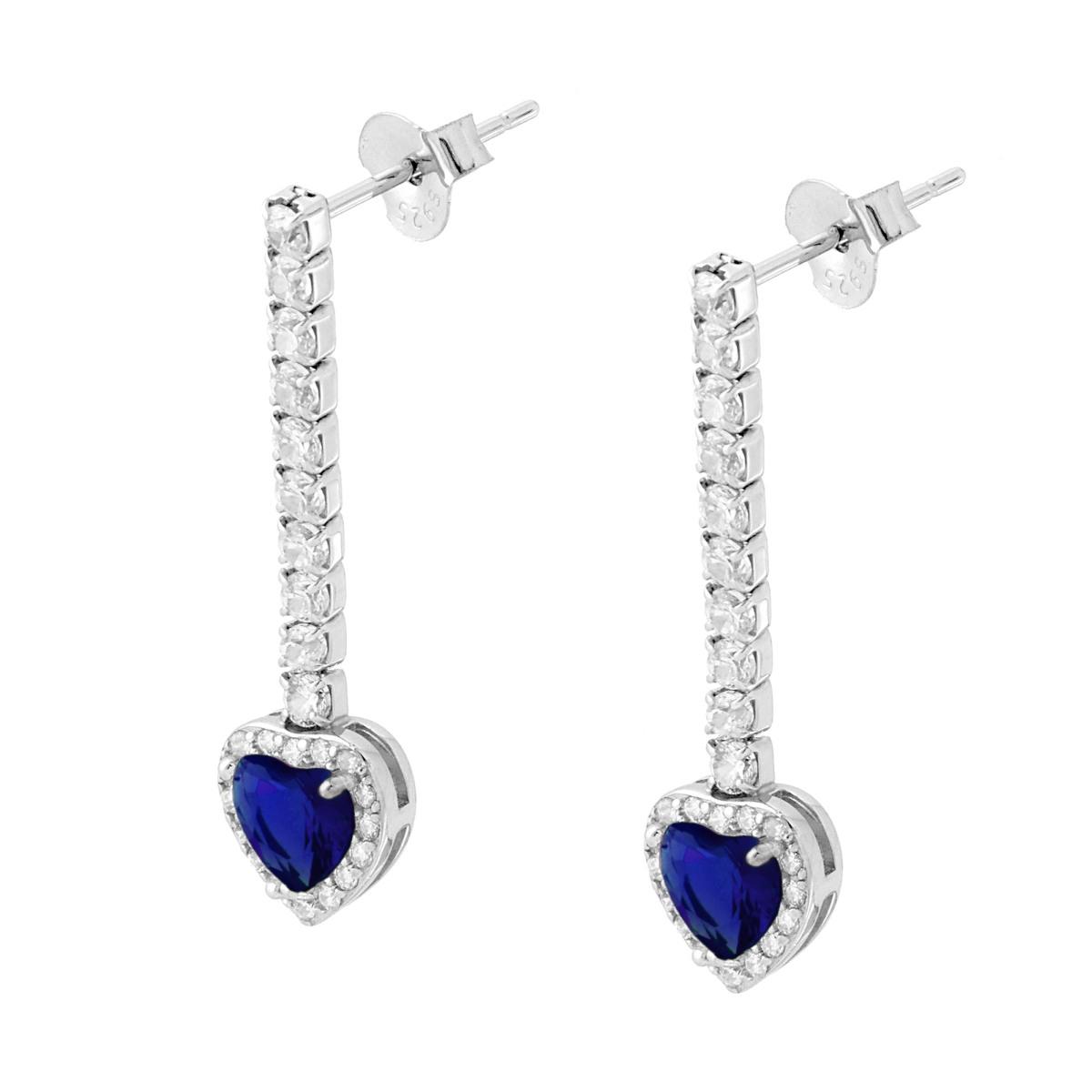 Orecchini Tennis con Cuore pendente Blu Zaffiro contornato da Cubic Zirconia Bianchi in ARGENTO 925 Galvanica Rodio