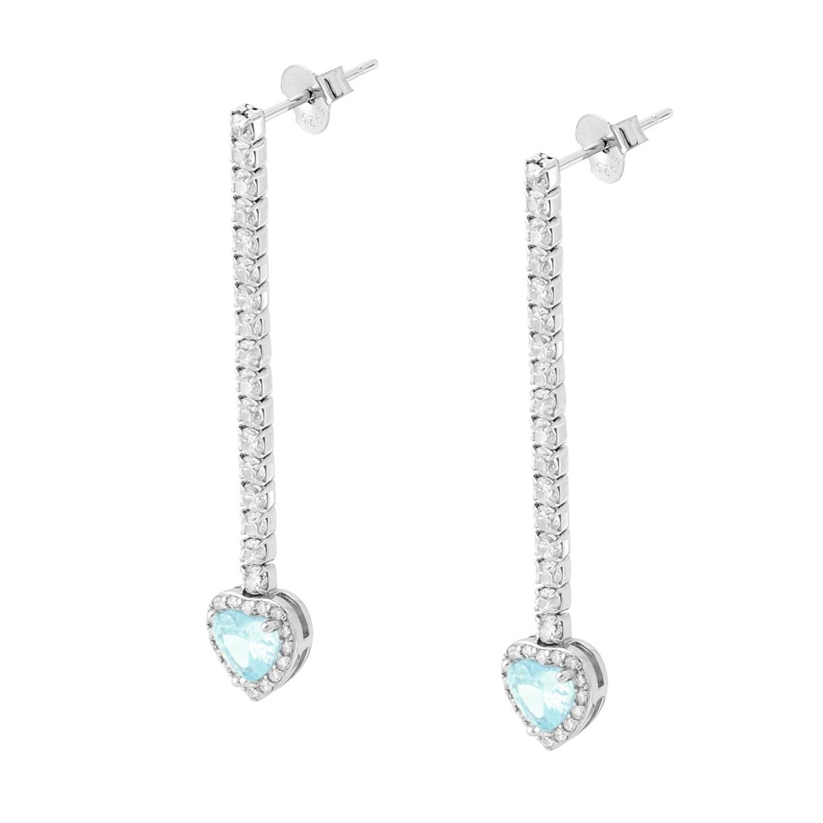 Orecchini Tennis Lunghi con Cuore pendente Acquamarina contornato da Cubic Zirconia Bianchi in ARGENTO 925 Galvanica Rodio