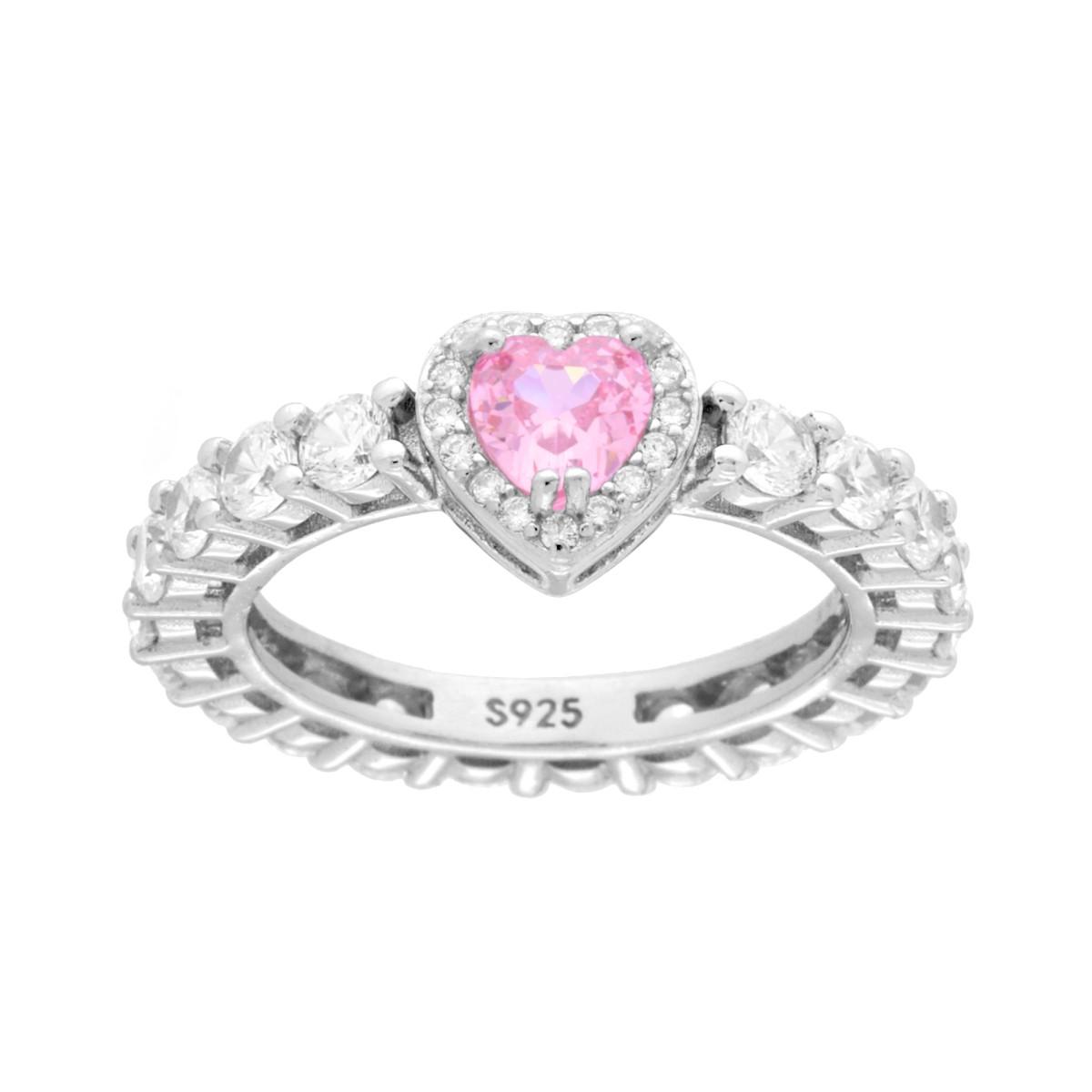 Anello Eternity Veretta a giro con Cubic Zirconia Bianchi con Cuore Rosa in ARGENTO 925 Galvanica Rodio