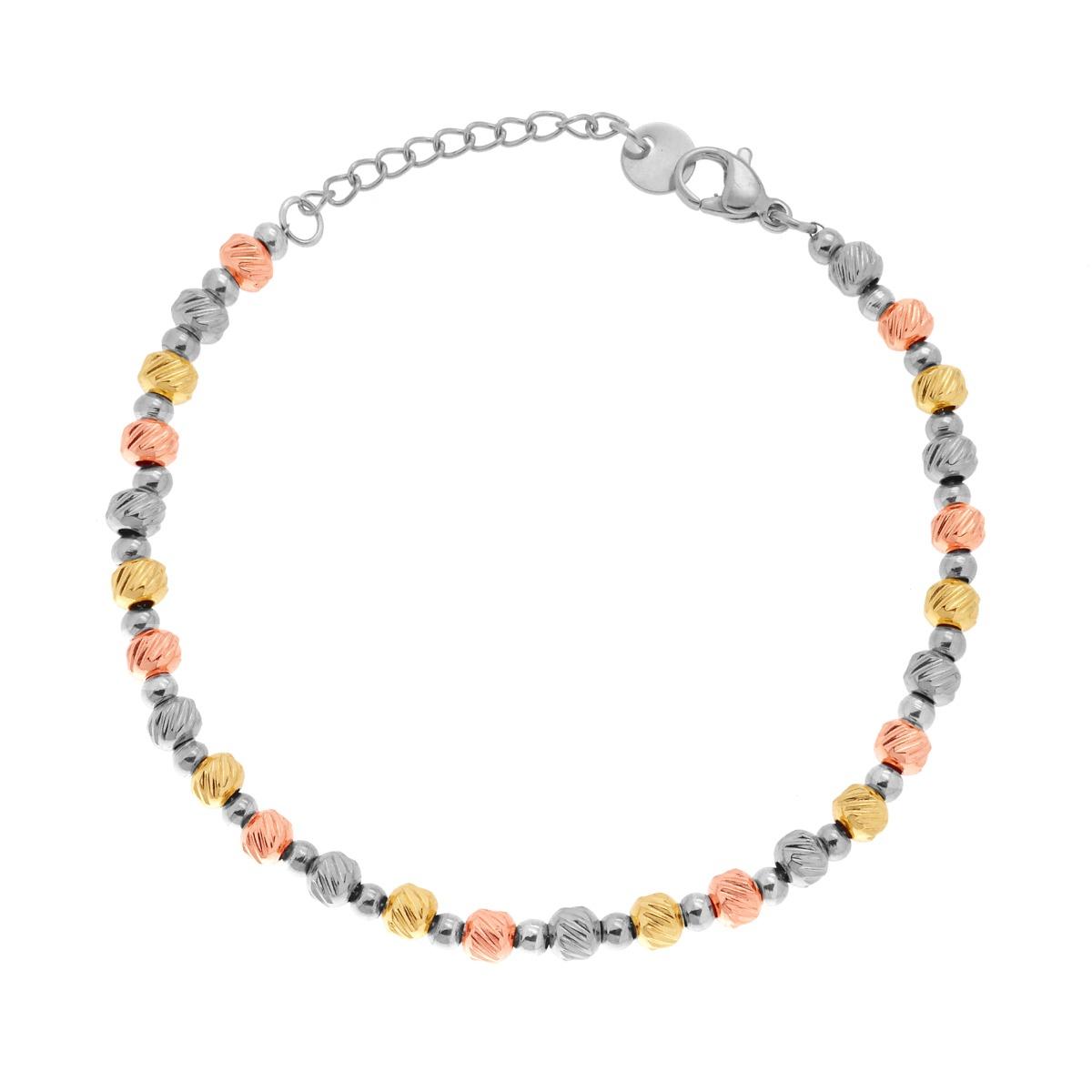 Bracciale Catena con Cilindretti Diamantati e Palline Lisce alternate in ACCIAIO colore Acciaio Oro Rosa