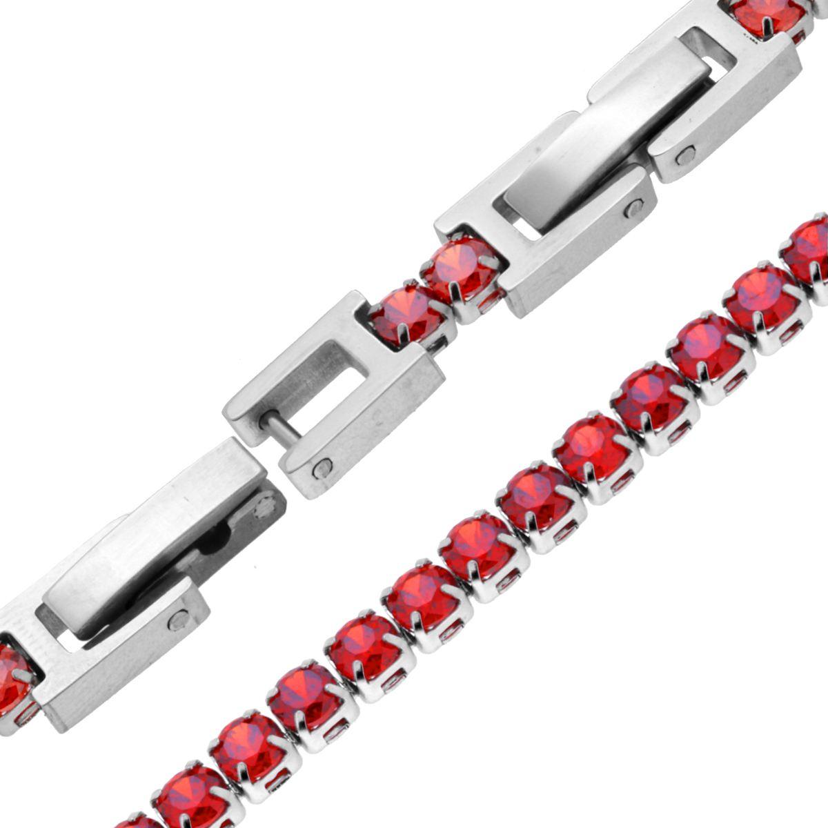 Bracciale Tennis Griffe cm 17-20 con Zirconi mm 3 Rosso Rubino regolabile in ACCIAIO