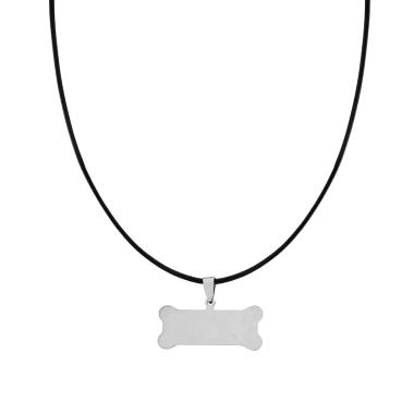 Collana filo Ecopelle Nero con Piastra Osso Cane pendente in ACCIAIO