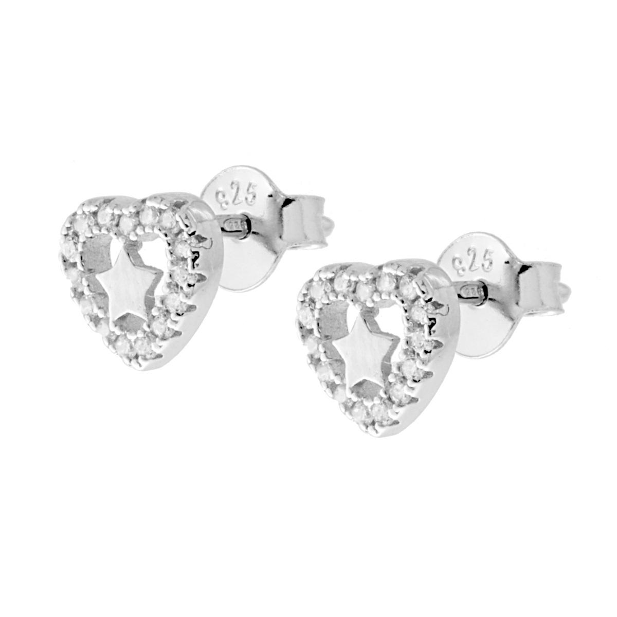 Orecchini Cuore con Stella e Cubic Zirconia Bianchi in ARGENTO 925 Galvanica Rodio