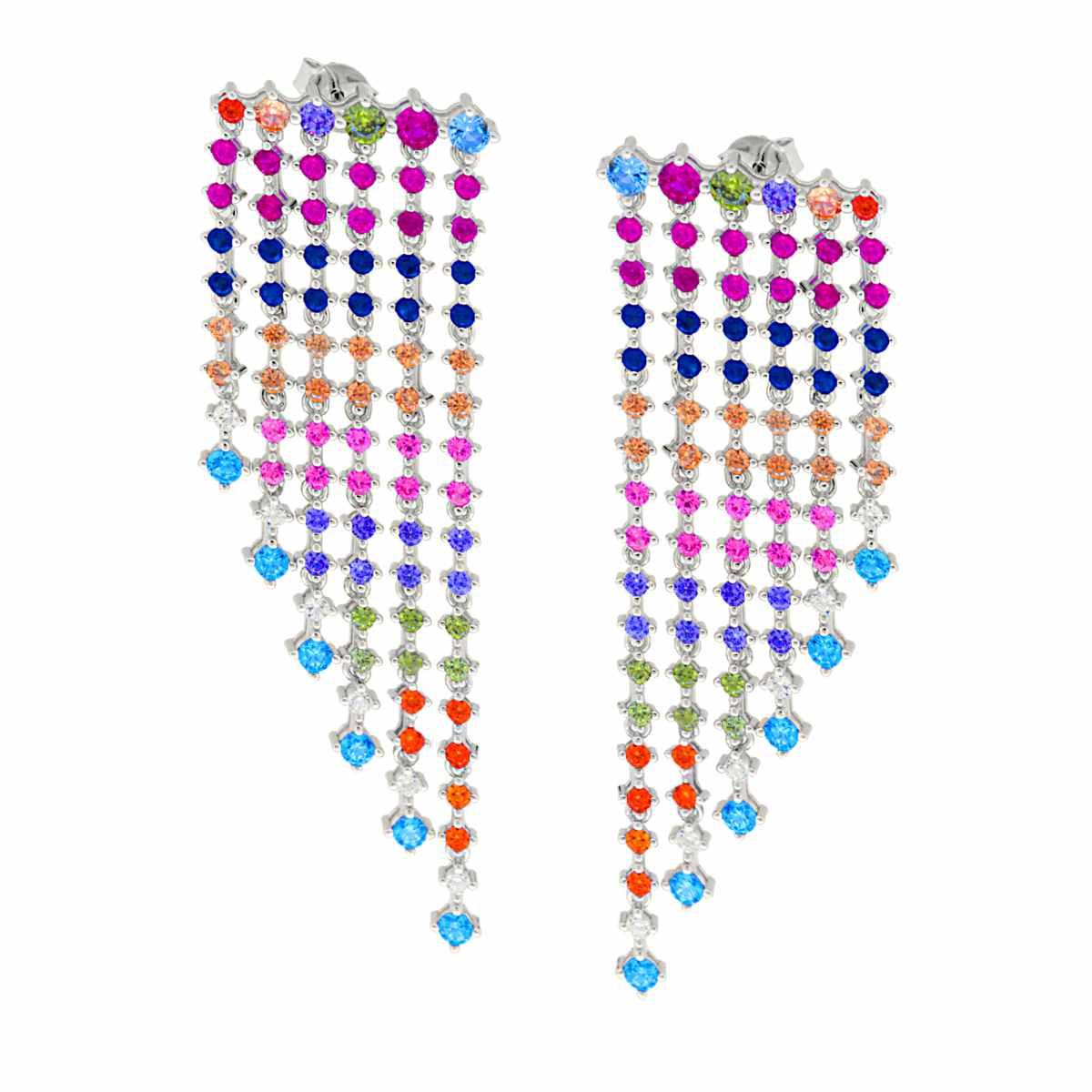 Orecchini Chandelier sei fili degrade Tennis con Cubic Zirconia Multicolor in ARGENTO 925 Galvanica Rodio