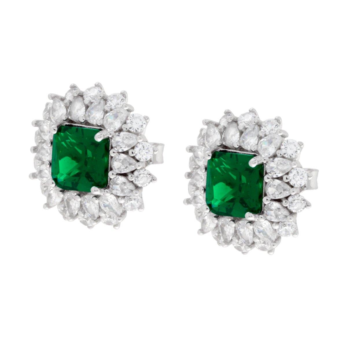 Orecchini Quadrato Verde Smeraldo contornato da Cubic Zirconia Bianchi in ARGENTO 925 Galvanica Rodio