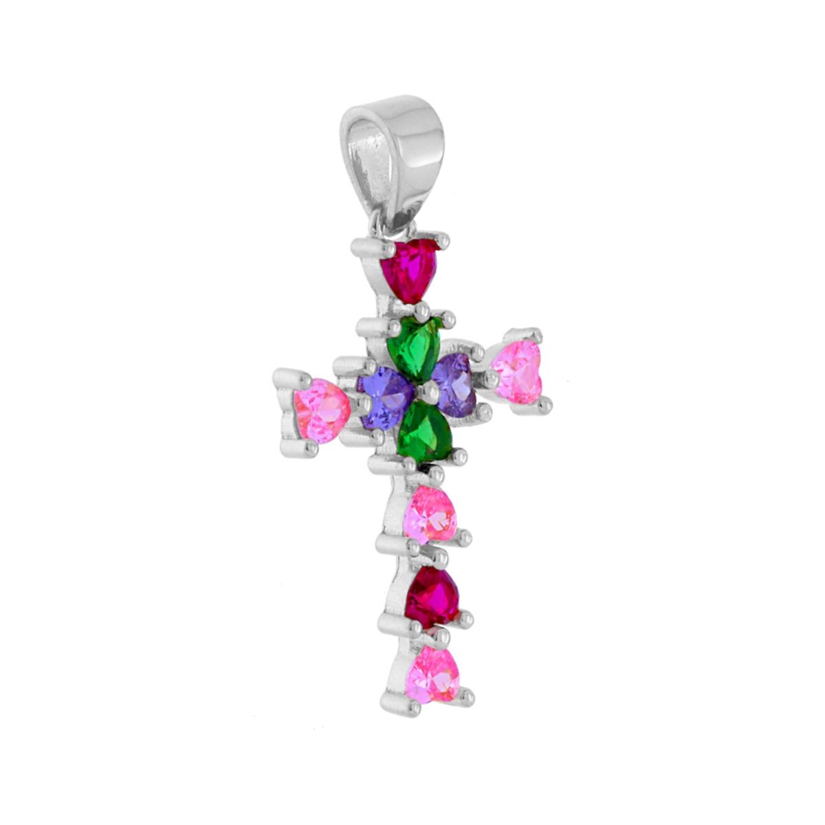 Ciondolo Croce con Cubic Zirconia Multicolor in ARGENTO 925 Galvanica Rodio