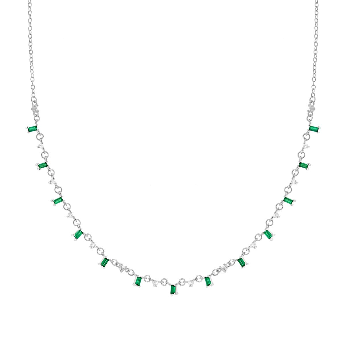 Collana Catena Forzatina Diamantata con Cubic Zirconia Baguette Verde Smeraldo e Punti Luce Bianchi pendenti in ARGENTO 925 Galvanica Rodio