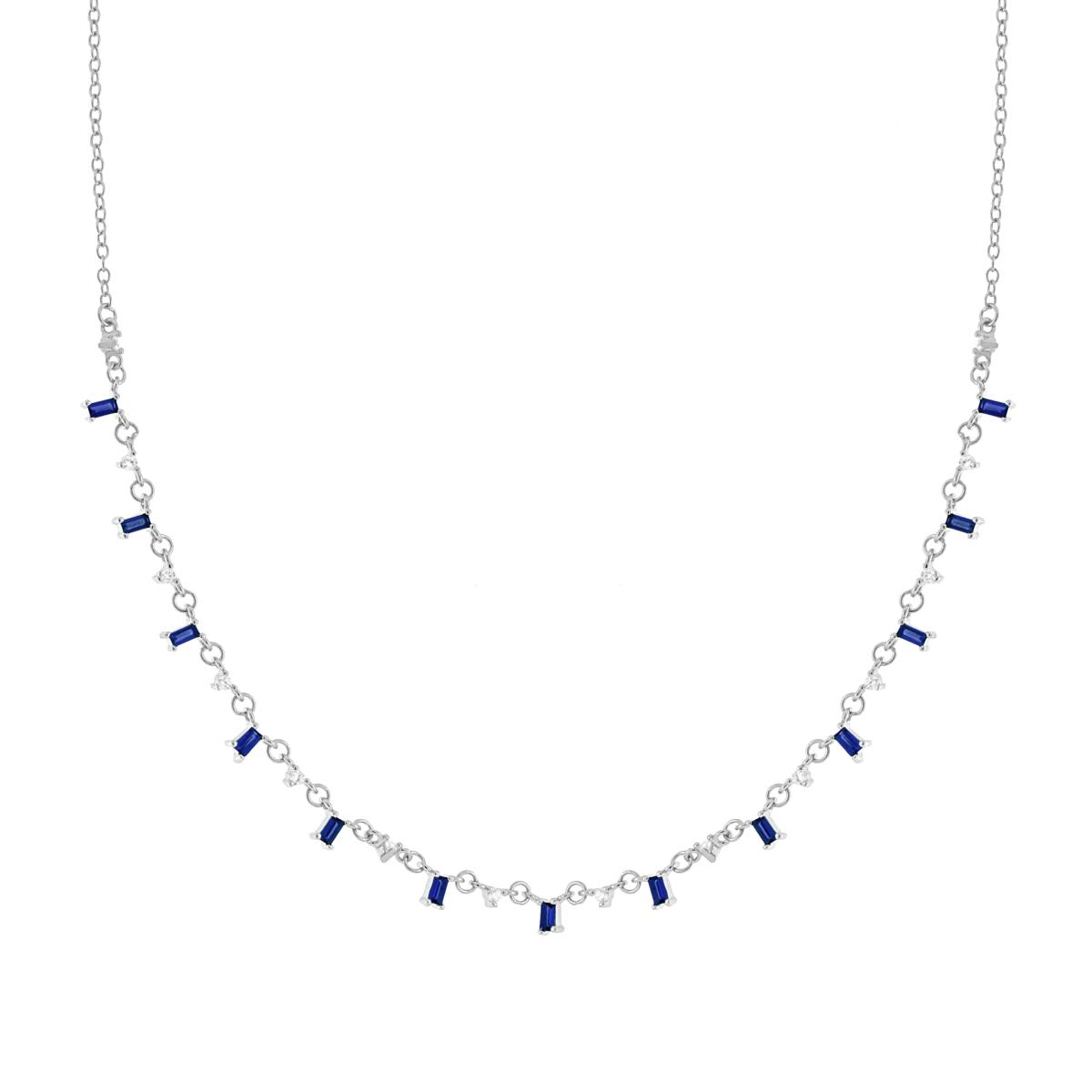 Collana Catena Forzatina Diamantata con Cubic Zirconia Baguette Blu Zaffiro e Punti Luce Bianchi pendenti in ARGENTO 925 Galvanica Rodio