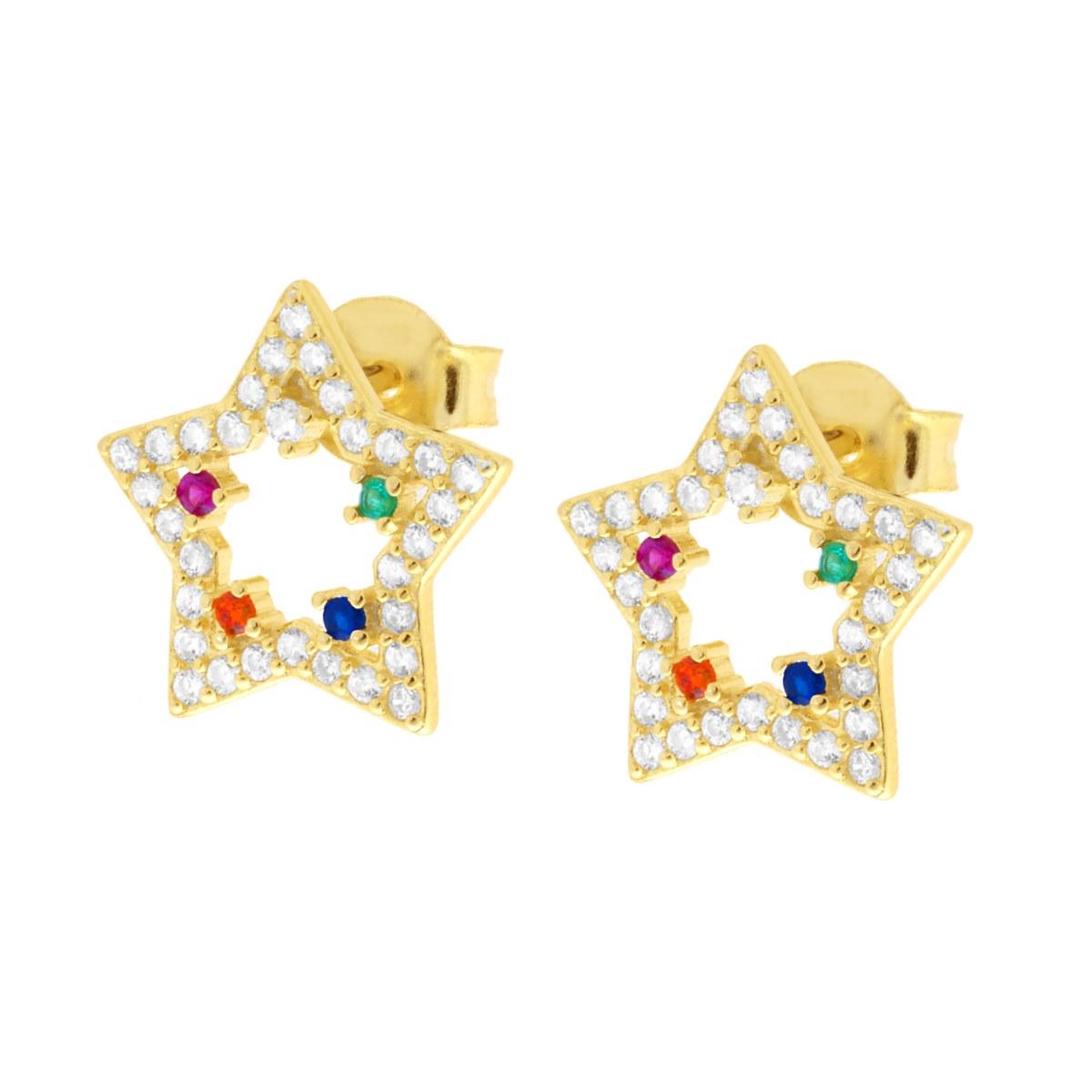 Orecchini Stelle con Cubic Zirconia Multicolor in ARGENTO 925 Galvanica Oro