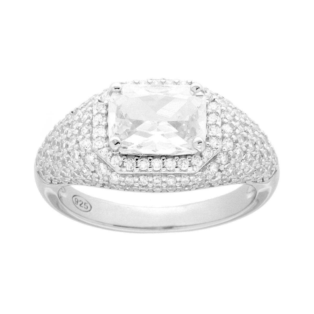 Anello Chevalier Sigillo Rettangolo Cubic Zirconia Bianchi in ARGENTO 925 Galvanica Rodio