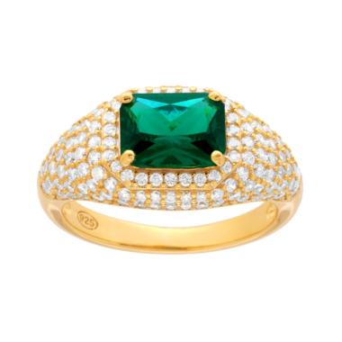 Anello Chevalier Rettangolo Verde Smeraldo contornato da Cubic Zirconia Bianchi in ARGENTO 925 Galvanica Oro