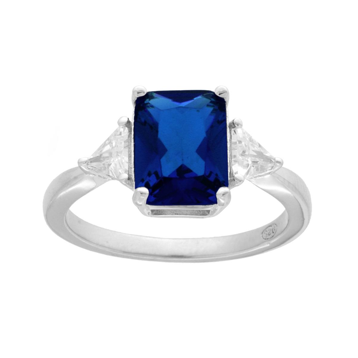 Anello Solitario Rettangolo Blu Zaffiro con Triangoli Cubic Zirconia Bianchi in ARGENTO 925 Galvanica Rodio