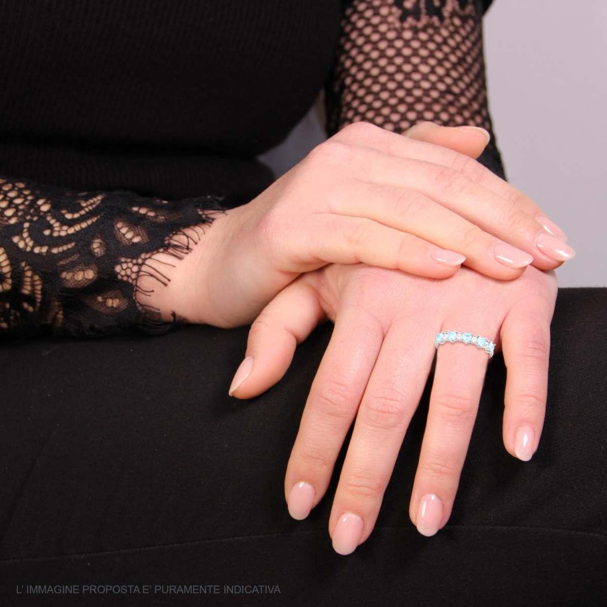 Anello Veretta Cuori Cubic Zirconia Acquamarina alternati a Tondi Bianchi in ARGENTO 925 Galvanica Rodio