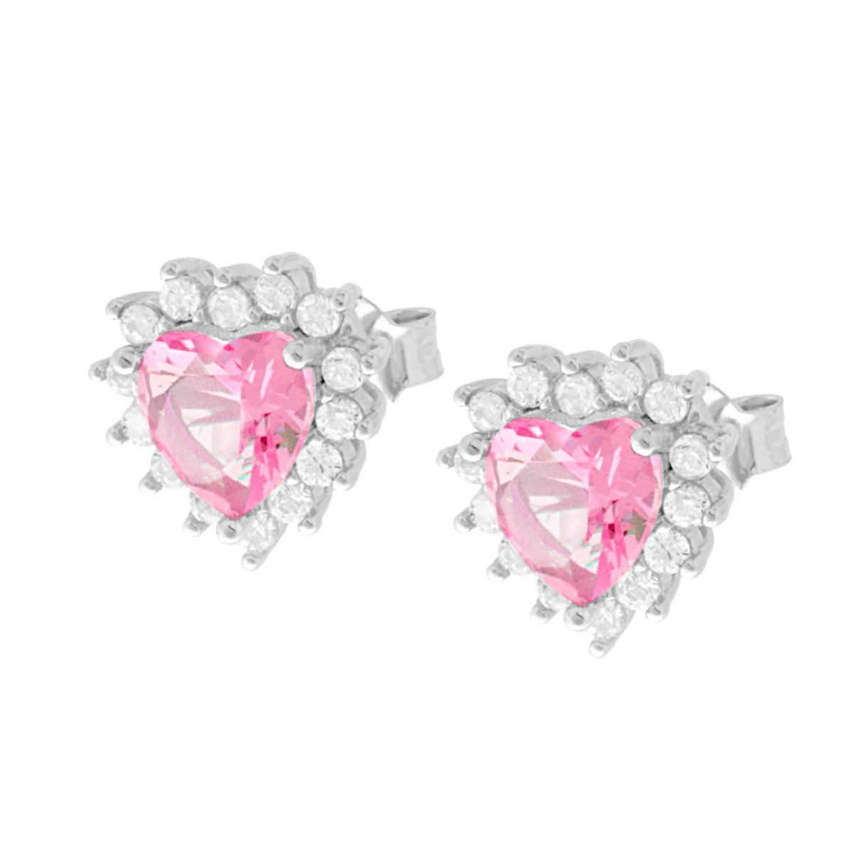 Orecchini Cuore Rosa contornato da Cubic Zirconia Bianchi in ARGENTO 925 Galvanica Rodio