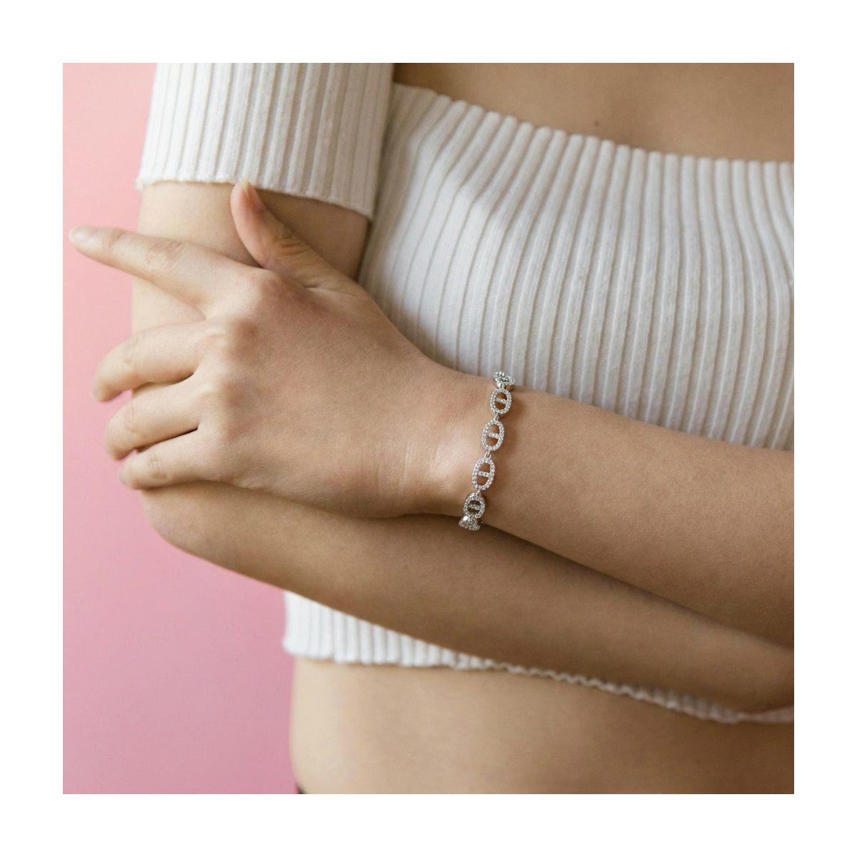 Bracciale Catena Ovali Traversino con Cubic Zirconia Bianchi in ARGENTO 925 Galvanica Rodio