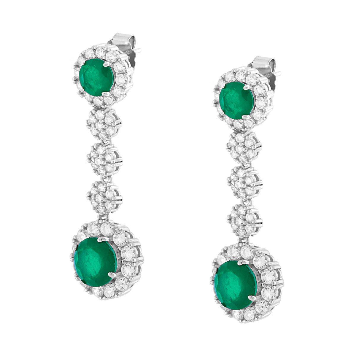 Orecchini con Tondi pendenti con Pietre Naturali Verde Smeraldo contornate da Cubic Zirconia Bianchi in ARGENTO 925 Galvanica Rodio