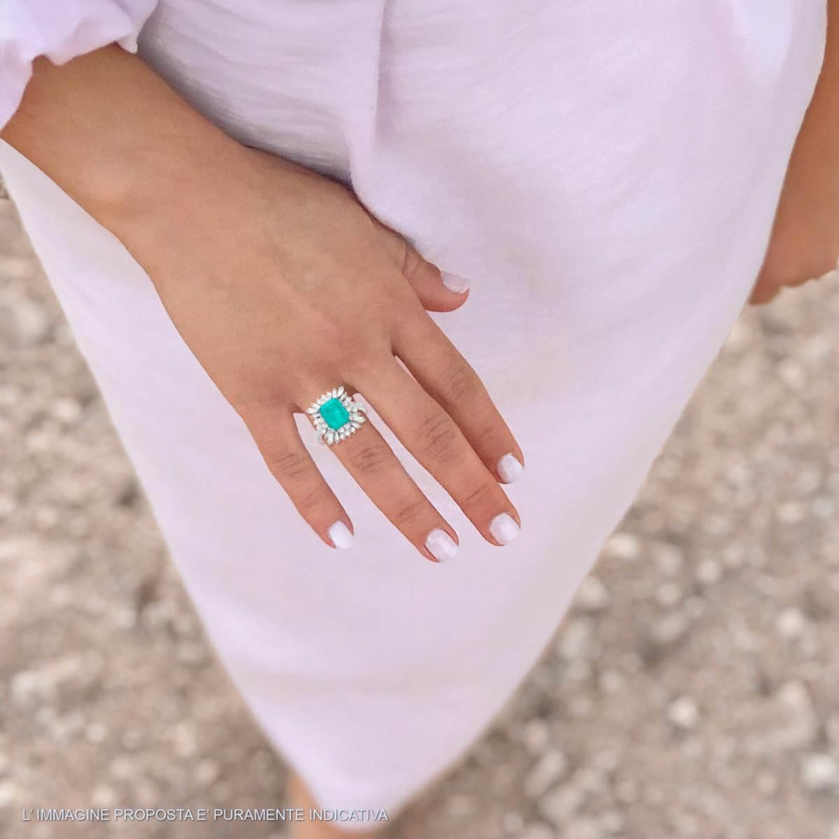 Anello Rettangolare Pietra Naturale Tormalina Paraiba e Cubic Zirconia Bianchi Trapezio in ARGENTO 925 Galvanica Rodio