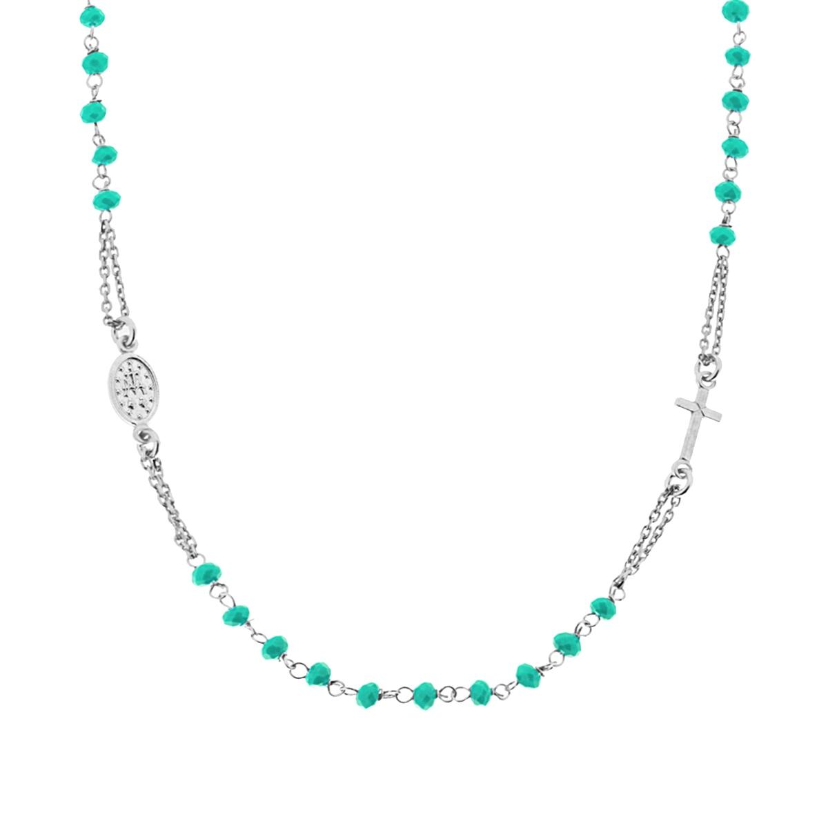 Collana Rosario modello Girocollo cm 50 con Grani mm 3.5 Crystal Verde Boreale in ARGENTO 925 Galvanica Rodio