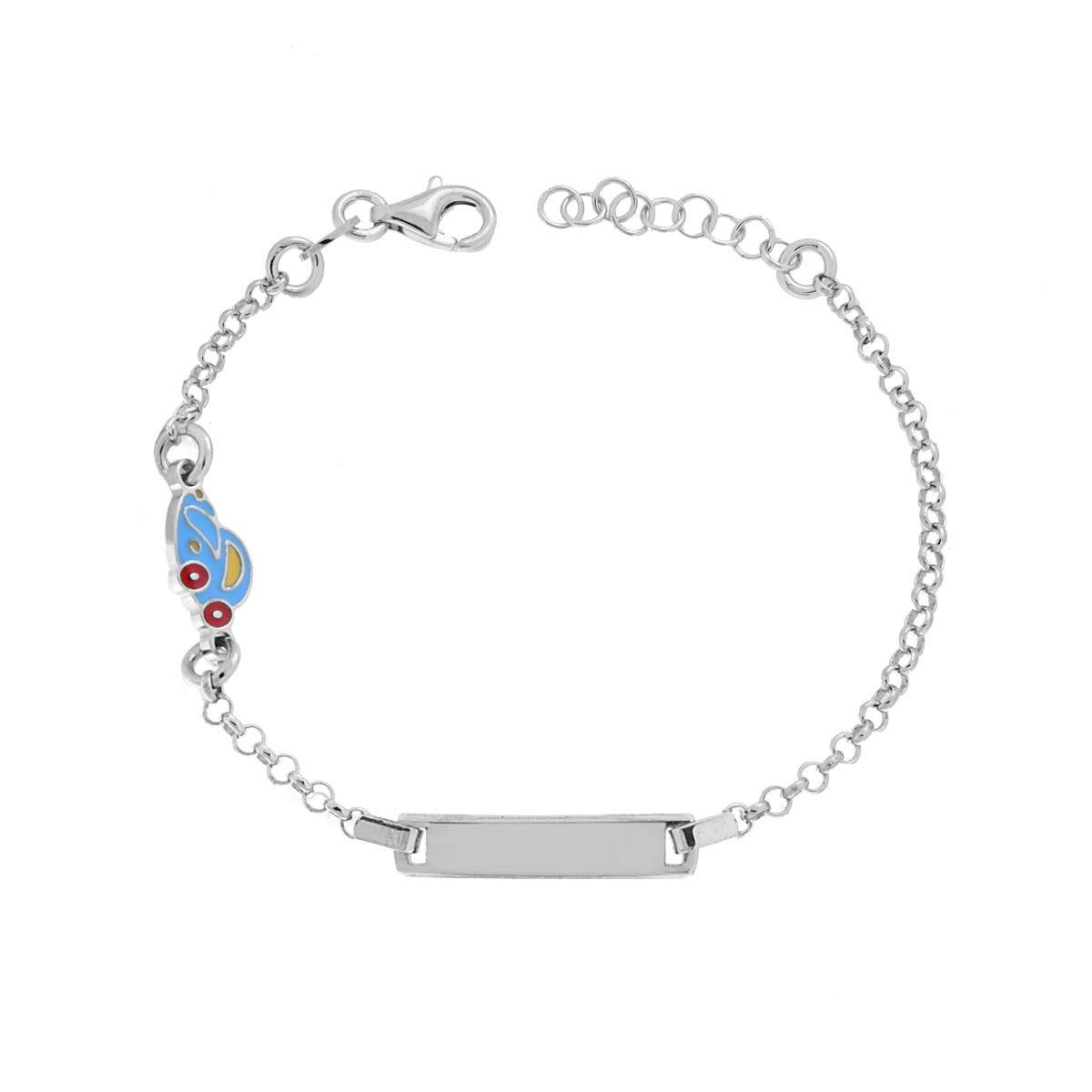 Bracciale Catena Rolo Diamantata Bimbo Bimba con Targa Rettangolare e Auto Maggiolino smalto Azzurro in ARGENTO 925 Galvanica Rodio