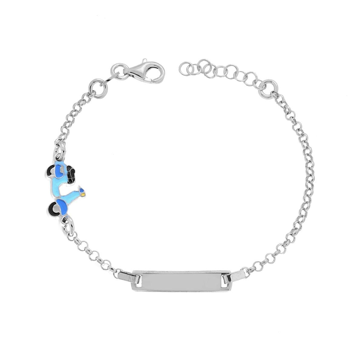 Bracciale Catena Rolo Diamantata Bimbo Bimba con Targa Rettangolare e Scooter Vespa smalto Azzurro in ARGENTO 925 Galvanica Rodio
