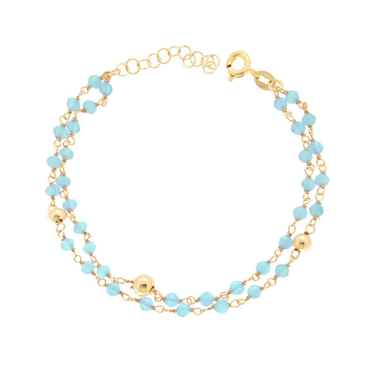 Bracciale due fili Catena con Crystal Azzurro e Palline in ARGENTO 925 Galvanica Oro