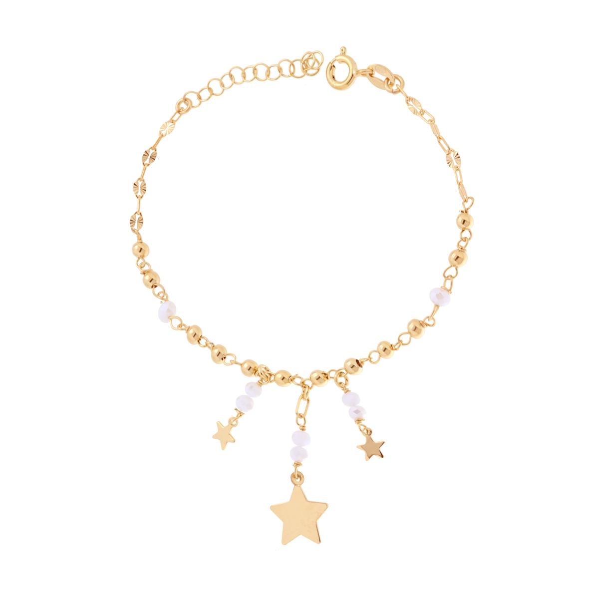 Bracciale Catena Forzatina Diamantata con Crystal Bianco e Stelle plain pendenti in ARGENTO 925 Galvanica Oro