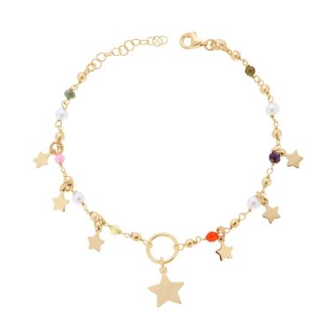 Bracciale Catena con Crystal Multicolor Perle e Stelle plain pendenti in ARGENTO 925 Galvanica Oro