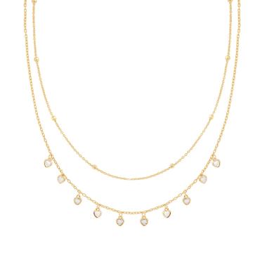 Collana due fili Catena Forzatina Diamantata con Cuori Cubic Zirconia Bianchi pendenti in ARGENTO 925 Galvanica Oro