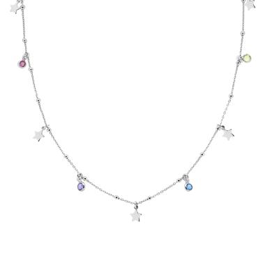 Collana Catena Forzatina Diamantata con Cubic Zirconia Tondi Multicolor e Stelle pendenti in ARGENTO 925 Galvanica Rodio
